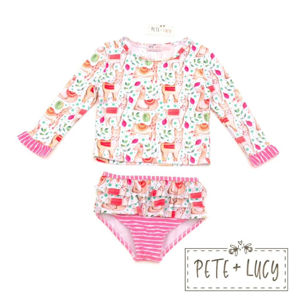 Pete + Lucy Sweet Llamas 2 piece Rashguard Swim Size 7/8
